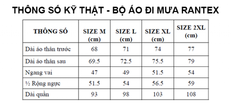 thông số kỹ thuật bộ áo mưa 3 công dụng RANTEX RANDO